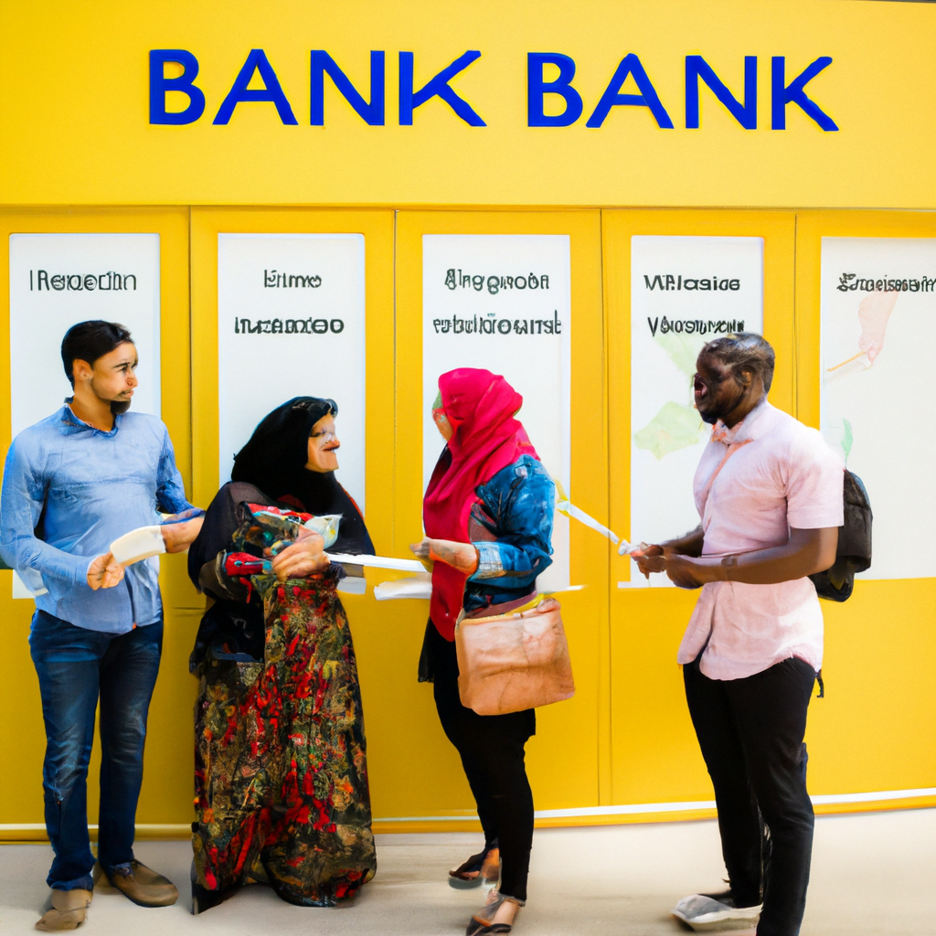 A diverse group of immigrants choosing a bank.