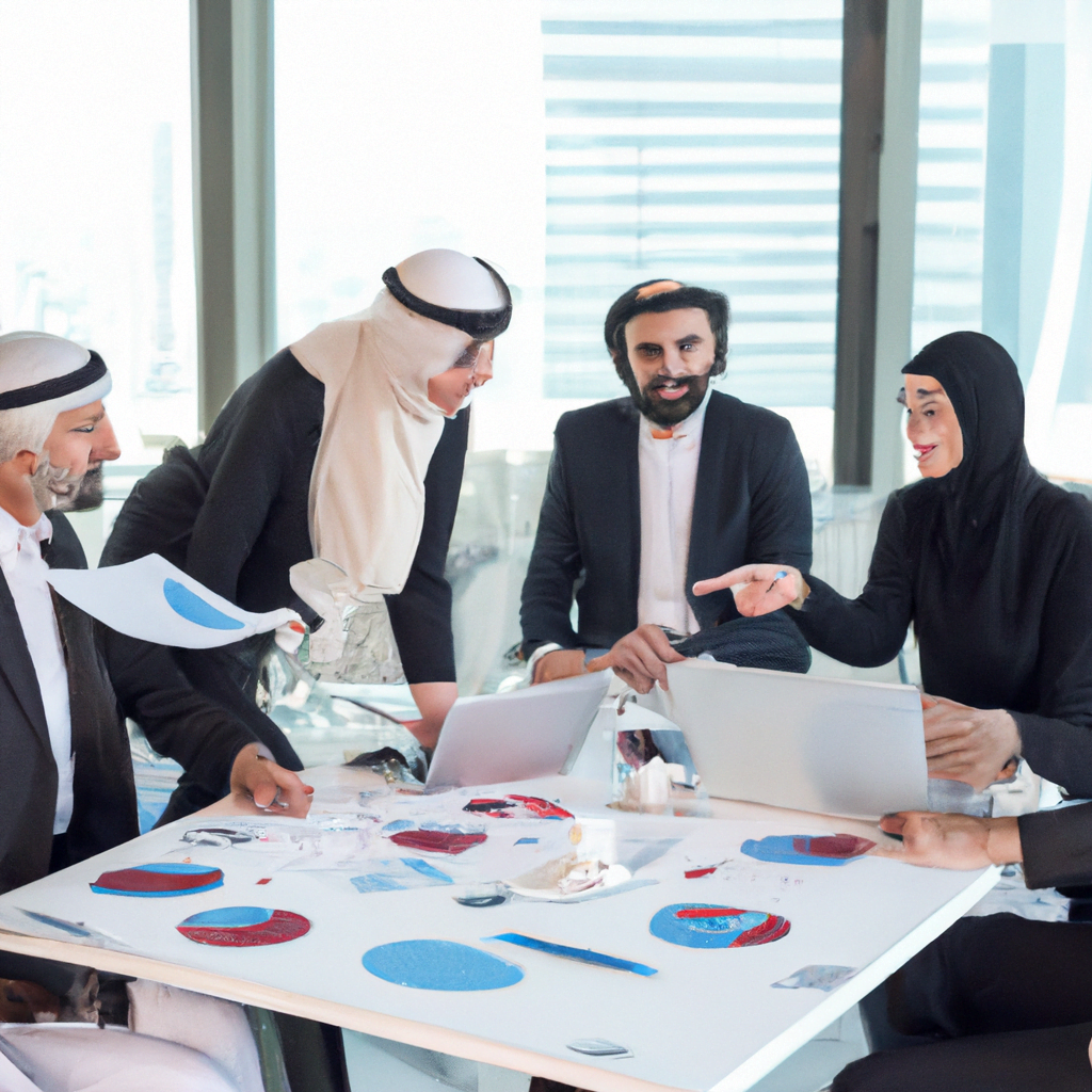 A diverse group of Iranian professionals discussing financial opportunities in Dubai.