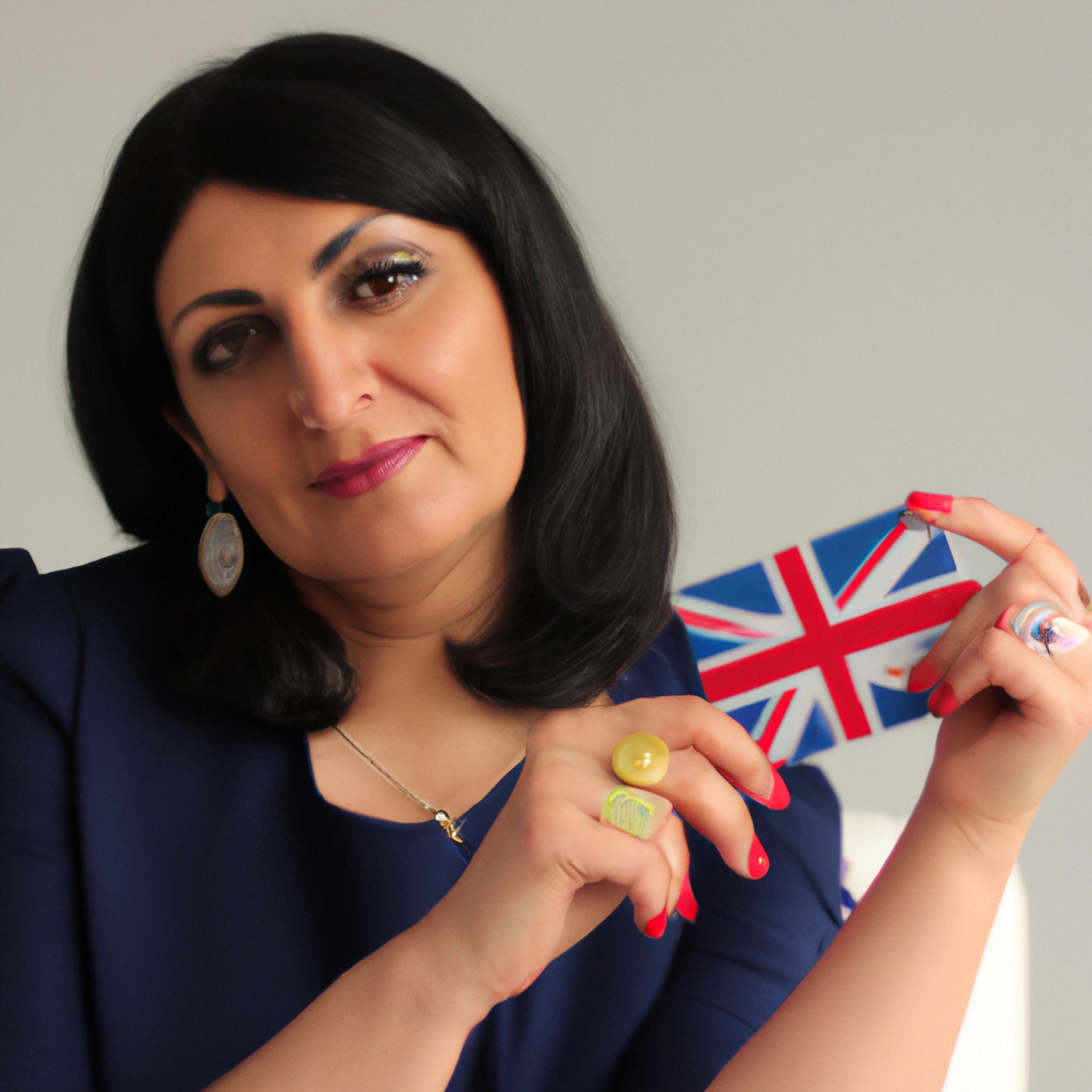 An Iranian woman holding a British bank card, receiving financial advice.