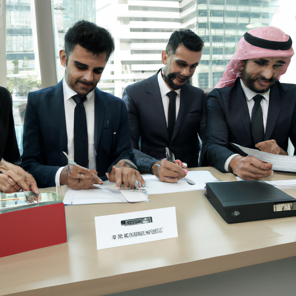 A diverse group of Iranian businesspeople opening bank accounts in Dubai.