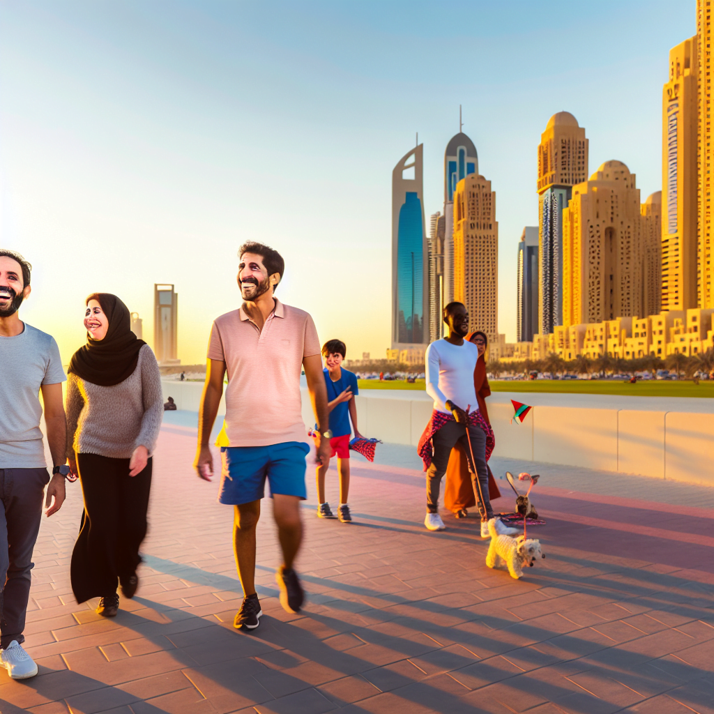 Skyline of Dubai with diverse, happy people.